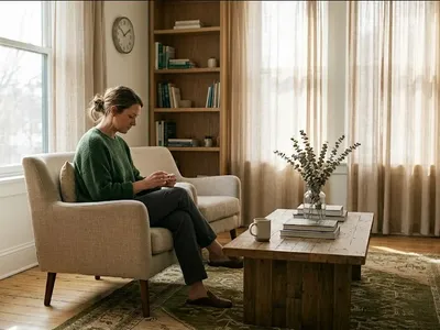 A person looking out a window with one hand on the glass, expression hopeful, representing the themes of "The Grief of Infertility Doesn't Always Feel Like Sadness".