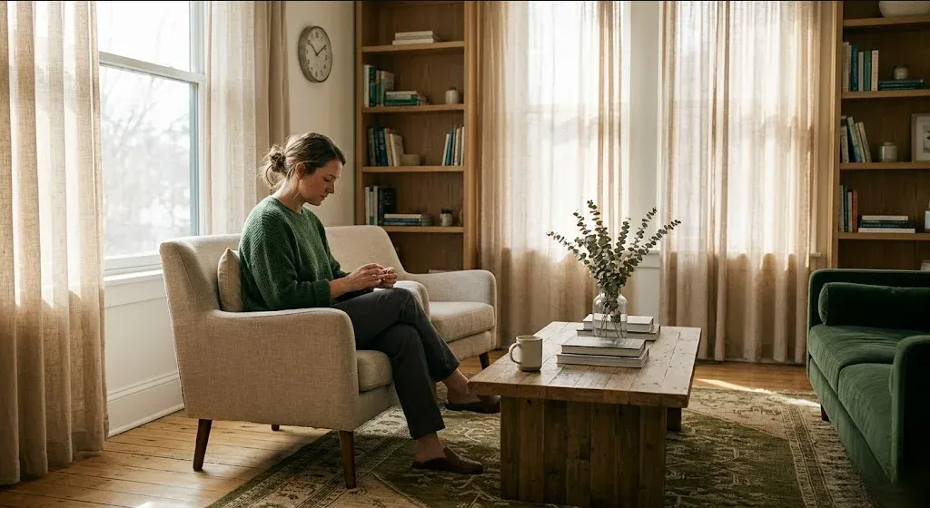 A person looking out a window with one hand on the glass, expression hopeful, representing the themes of "The Grief of Infertility Doesn't Always Feel Like Sadness".