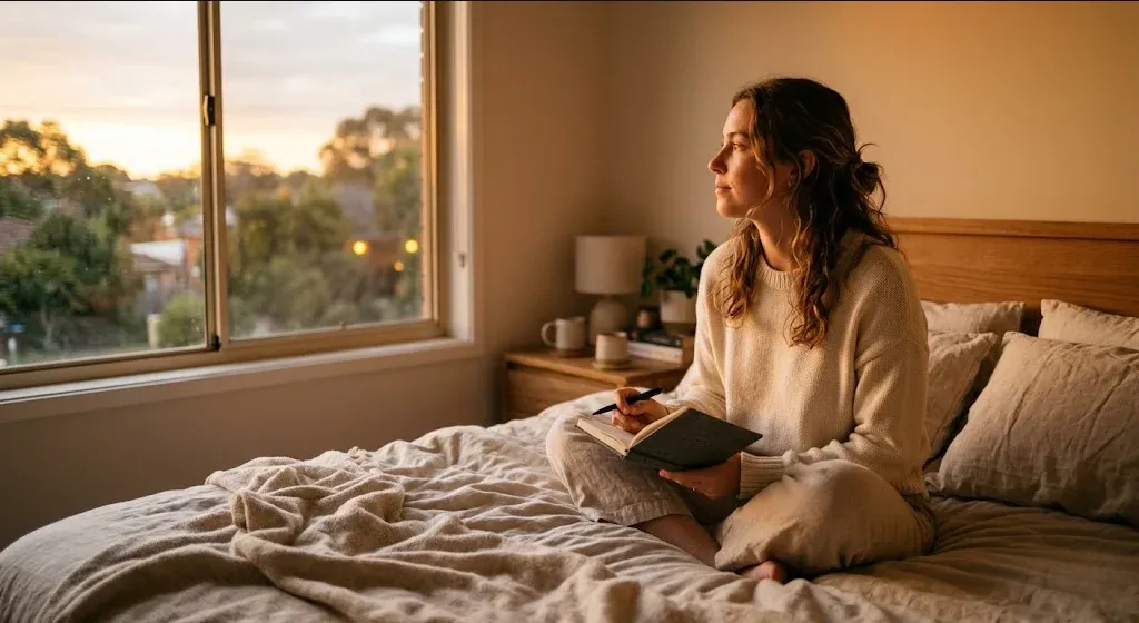 A woman sitting on a bed holding a closed journal, looking thoughtfully out a window in warm evening light.