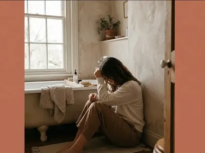 A woman sitting in a quiet room with soft window light, holding a small plant, expression hopeful, representing the themes of "The Emotional Weight of Infertility: What the Mental Health Impact Actually Looks Like".