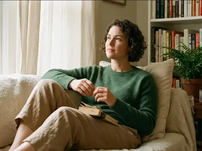 A person looking out a window with one hand on the glass, expression hopeful, representing the themes of "Therapy for Infertility: What Actually Works".