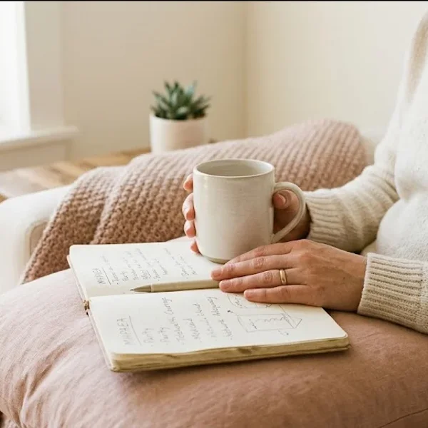 A person at a table with a warm drink, looking forward with a calm, open expression, representing the themes of "Insurance Coverage and Telehealth Parity for Perinatal Mental Health".
