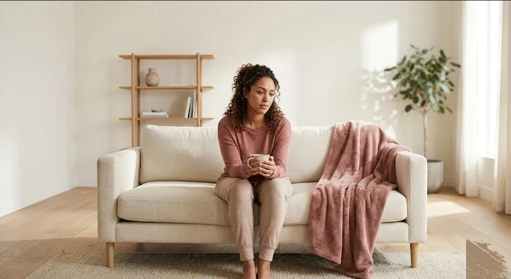 A person at a table with a warm drink, looking forward with a calm, open expression, representing the themes of "Insurance Coverage and Mental Health Parity for Perinatal Care".