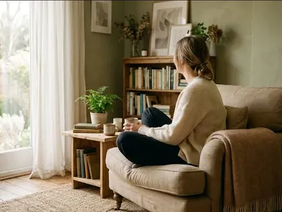 A person sitting in a warm, peaceful room with soft natural light, a sense of calm and quiet reflection, evoking the themes of "Intrusive Thoughts vs. Intentions: What the Difference Means for New Parents".