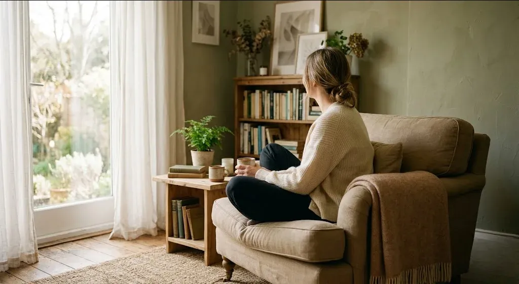 A person sitting in a warm, peaceful room with soft natural light, a sense of calm and quiet reflection, evoking the themes of "Intrusive Thoughts vs. Intentions: What the Difference Means for New Parents".