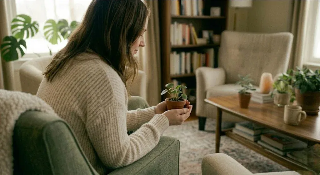 A woman sitting in a quiet room with soft window light, holding a small plant, expression hopeful and still, evoking the themes of "IVF and Mental Health: How to Emotionally Prepare for the Process".