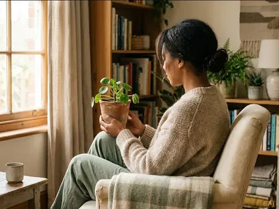 A woman sitting in a quiet room with soft window light, holding a small plant, expression hopeful and still, evoking the themes of "IVF Medications and Mood: What the Hormones Are Really Doing to You".