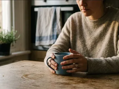 A couple at a kitchen table, hands intertwined, quiet and contemplative, representing the themes of "Emotional Recovery After IVF: What to Expect".