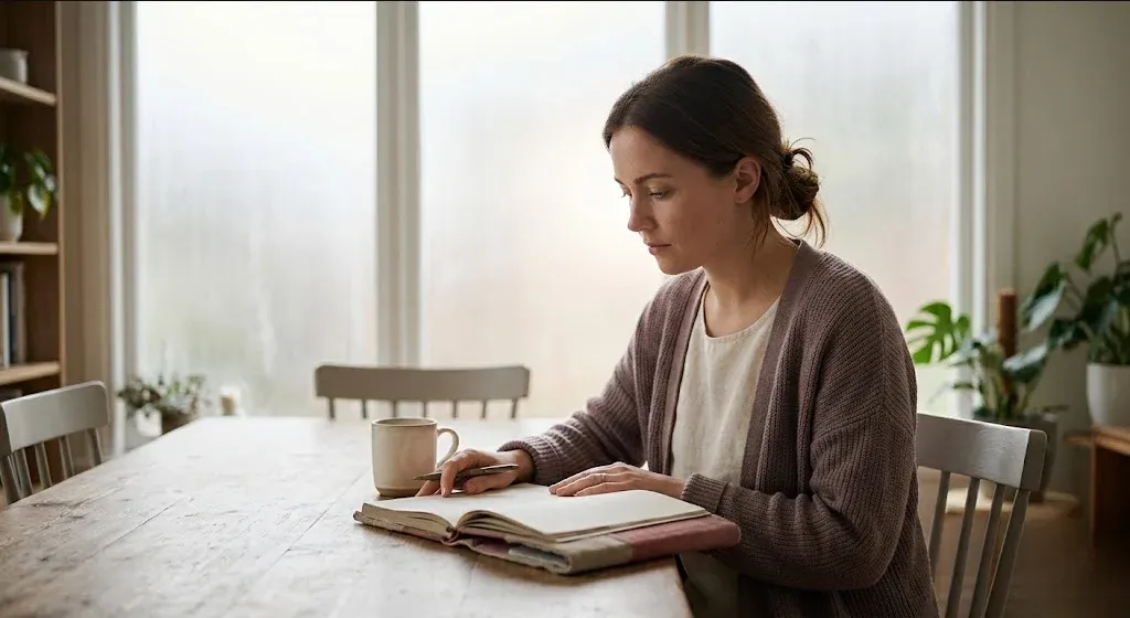 A figure seated on a window seat, looking out at a grey sky, a soft blanket nearby, representing the themes of "25 Journal Prompts After a Miscarriage (For Grief You Can't Put Into Words)".