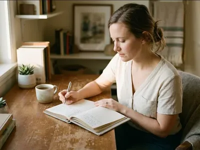 A woman sitting in a quiet room with soft window light, holding a small plant, expression hopeful, representing the themes of "25 Journal Prompts for the IVF Journey (For Every Phase of Treatment)".