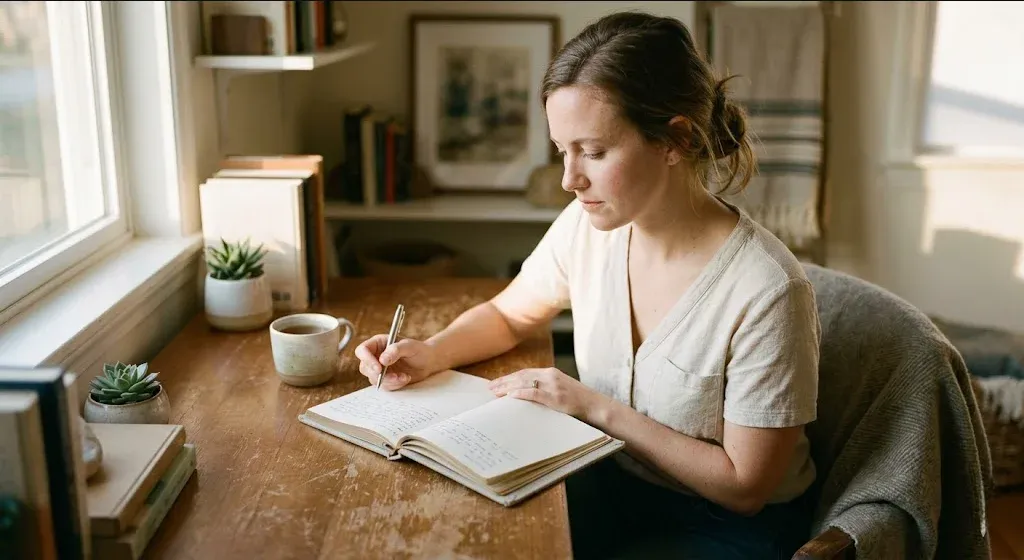 A woman sitting in a quiet room with soft window light, holding a small plant, expression hopeful, representing the themes of "25 Journal Prompts for the IVF Journey (For Every Phase of Treatment)".