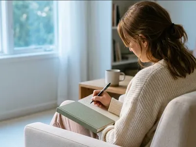 A parent on a couch, infant nestled on their chest, both still and quiet, representing the themes of "25 Journal Prompts for Postpartum Rage (Process the Anger, Not Just Suppress It)".