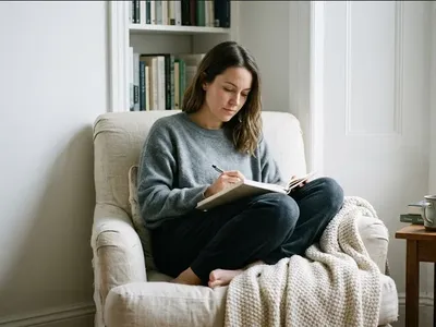 A mother sitting on the edge of a bed in morning light, infant asleep nearby in a bassinet, representing the themes of "25 Journaling Prompts for Postpartum Anxiety".