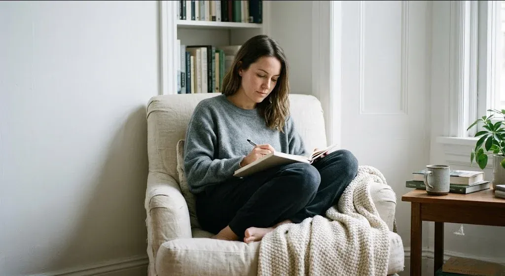 A mother sitting on the edge of a bed in morning light, infant asleep nearby in a bassinet, representing the themes of "25 Journaling Prompts for Postpartum Anxiety".