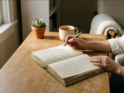 A woman at a kitchen table, baby carrier on the chair beside her, warm cup in hand, representing the themes of "25 Journaling Prompts for Postpartum Depression".