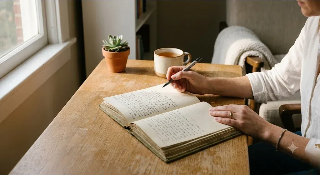 A woman at a kitchen table, baby carrier on the chair beside her, warm cup in hand, representing the themes of "25 Journaling Prompts for Postpartum Depression".