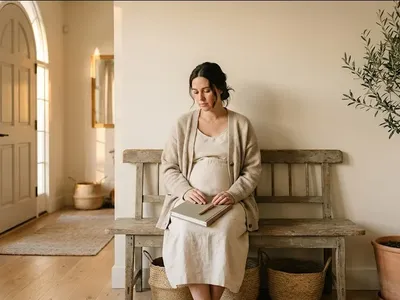 A pregnant woman sitting in a sunlit room, hands resting gently on her belly, expression calm, representing the themes of "25 Journaling Prompts for Prenatal Anxiety (For Anxious Expecting Moms)".
