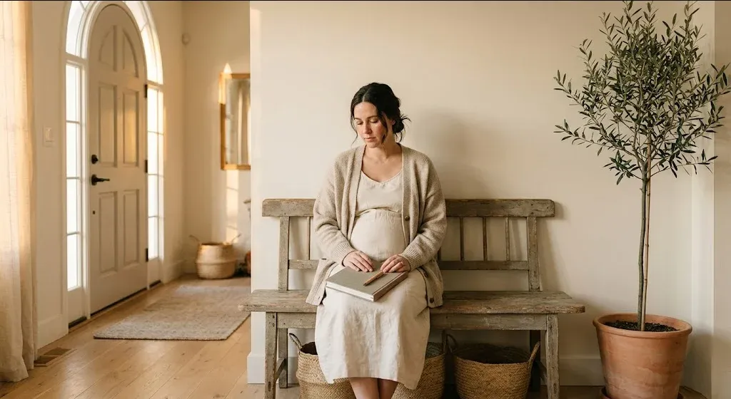 A pregnant woman sitting in a sunlit room, hands resting gently on her belly, expression calm, representing the themes of "25 Journaling Prompts for Prenatal Anxiety (For Anxious Expecting Moms)".