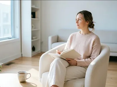 A person at a table with a warm drink, looking forward with a calm, open expression, representing the themes of "25 Journaling Prompts for Processing Birth Trauma".