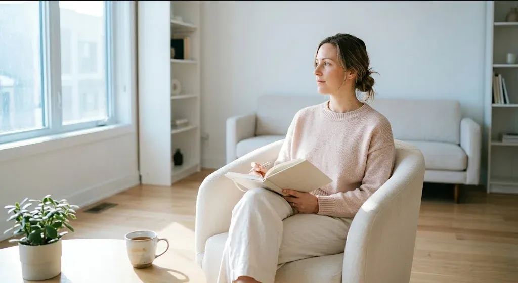 A person at a table with a warm drink, looking forward with a calm, open expression, representing the themes of "25 Journaling Prompts for Processing Birth Trauma".