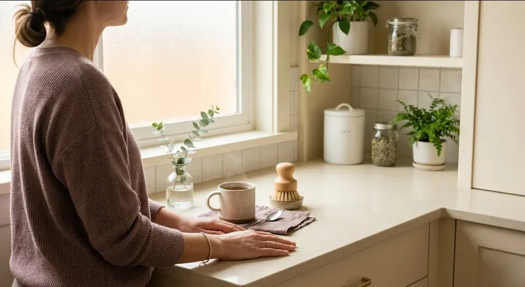 A person standing in a tidy kitchen, hands resting on the counter, a moment of stillness mid-task, representing the themes of "Letting Go of the Perfect Birth: Processing a Birth That Didn't Go as Planned".