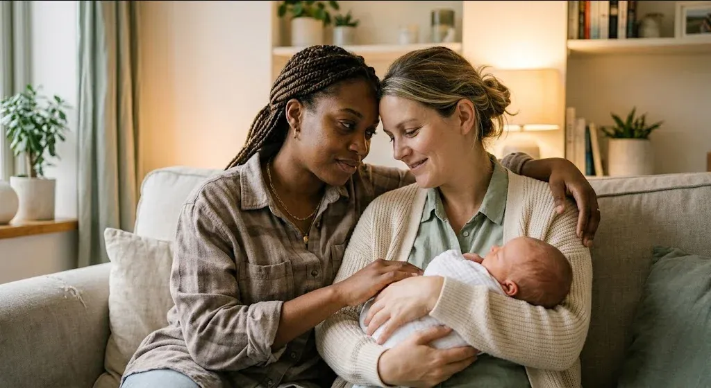 Two mothers sitting close together on a couch, one holding a newborn while the other offers quiet support, conveying the bond and shared exhaustion of the postpartum period.