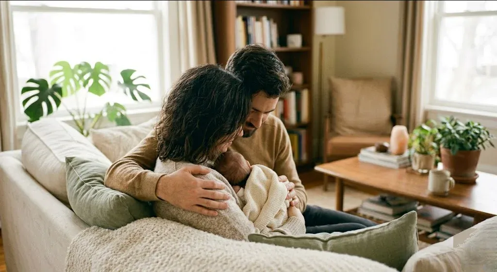 Two parents embracing warmly in a cozy, sun-filled home, both looking at their infant, evoking the themes of "LGBTQ+ Families and IVF: The Mental Health Dimensions".