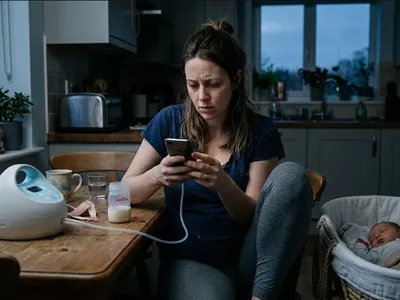 A postpartum mother anxiously checking her phone next to a breast pump bottle, illustrating milk supply anxiety
