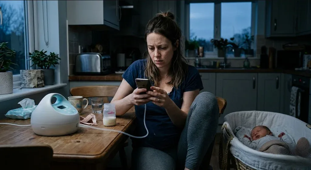 A postpartum mother anxiously checking her phone next to a breast pump bottle, illustrating milk supply anxiety