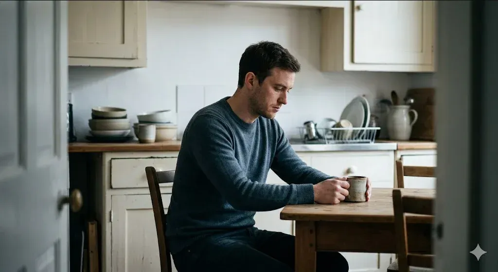 A couple at a kitchen table, hands intertwined, quiet and contemplative, representing the themes of "Infertility-Related Depression and Anxiety in Male Partners: What Fertility Clinics Miss".