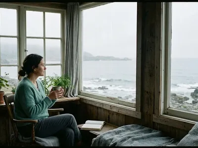 A woman sitting by a window with a warm cup held in both hands, looking outside with a still expression, representing the themes of "From 'My Money' to 'Our Money': How to Manage Financial Anxiety as New Parents".