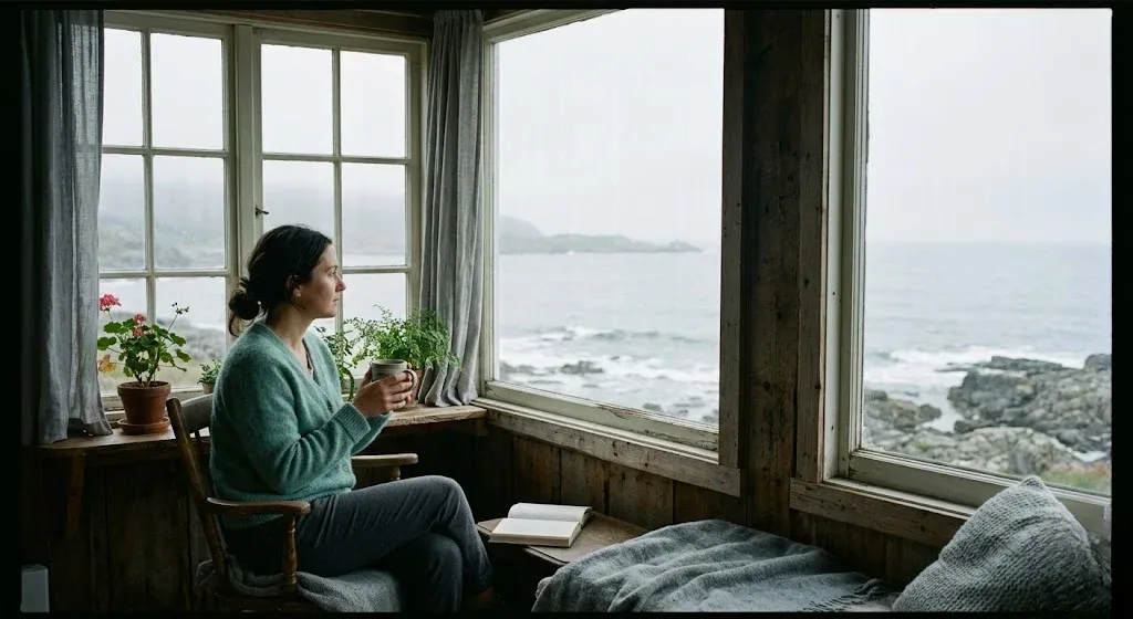 A woman sitting by a window with a warm cup held in both hands, looking outside with a still expression, representing the themes of "From 'My Money' to 'Our Money': How to Manage Financial Anxiety as New Parents".