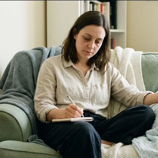 A parent at a kitchen table with a work notebook and a cooling cup of coffee, both things pulling for attention, representing the themes of "Maternity Leave Mental Health Support: Reducing Return-to-Work Attrition".