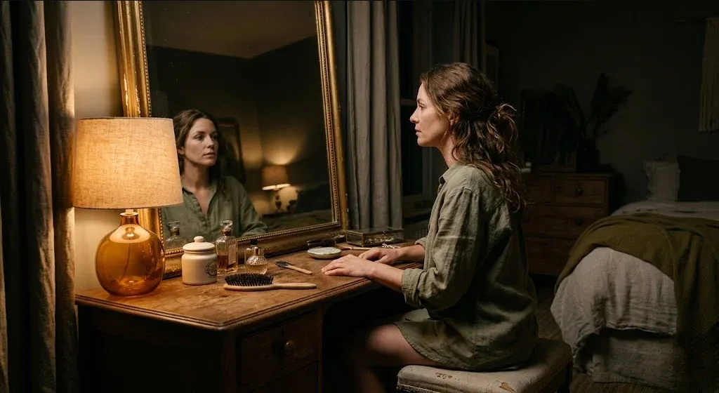 A woman at a vanity mirror, looking at herself with a still, searching expression, representing the themes of "More Than a Mom: Navigating Your Career and Ambition During Matrescence".