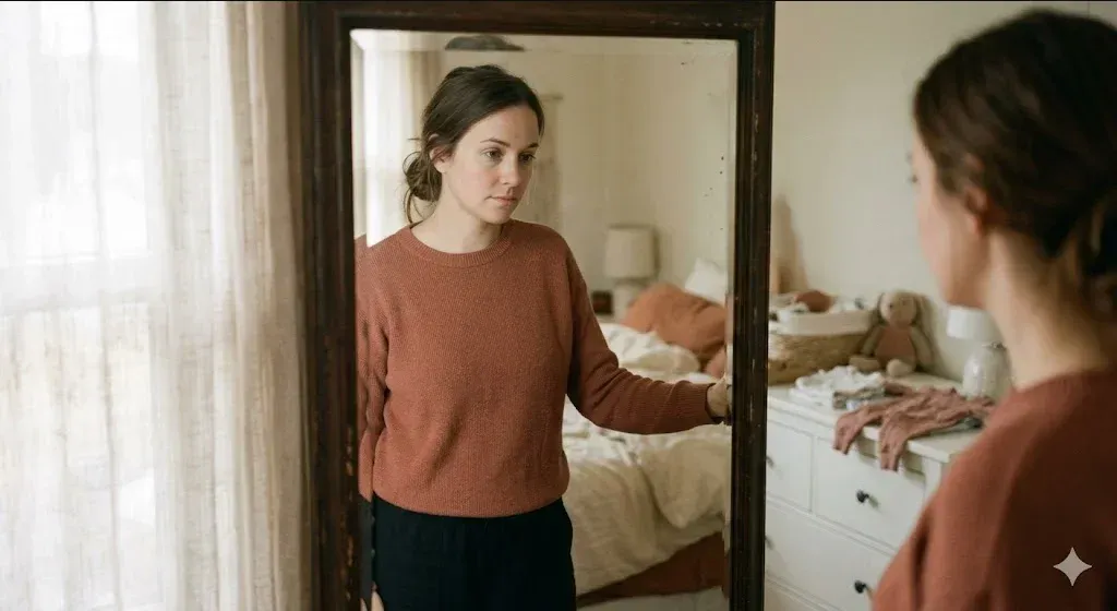 A woman looking thoughtfully at her reflection in a mirror, surrounded by soft morning light.