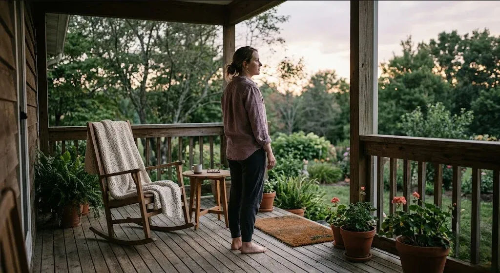 A woman on a porch at dusk, arms loose at her sides, a moment of self-reflection, representing the themes of "Navigating the Identity Shift of Motherhood: A Guide to Matrescence".