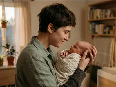 A non-binary parent holding their newborn close in warm indoor light, their expression full of tender wonder, conveying the universal identity transformation of becoming a parent.
