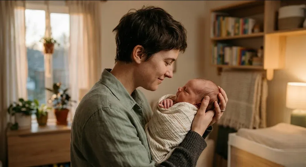 A non-binary parent holding their newborn close in warm indoor light, their expression full of tender wonder, conveying the universal identity transformation of becoming a parent.