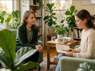 A new mother sitting with an open journal in a plant-filled therapy office while her therapist listens with empathy, conveying the supportive work of therapy during matrescence.