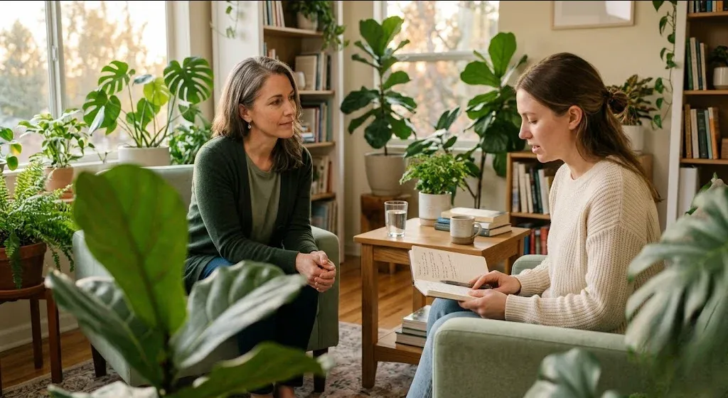 A new mother sitting with an open journal in a plant-filled therapy office while her therapist listens with empathy, conveying the supportive work of therapy during matrescence.