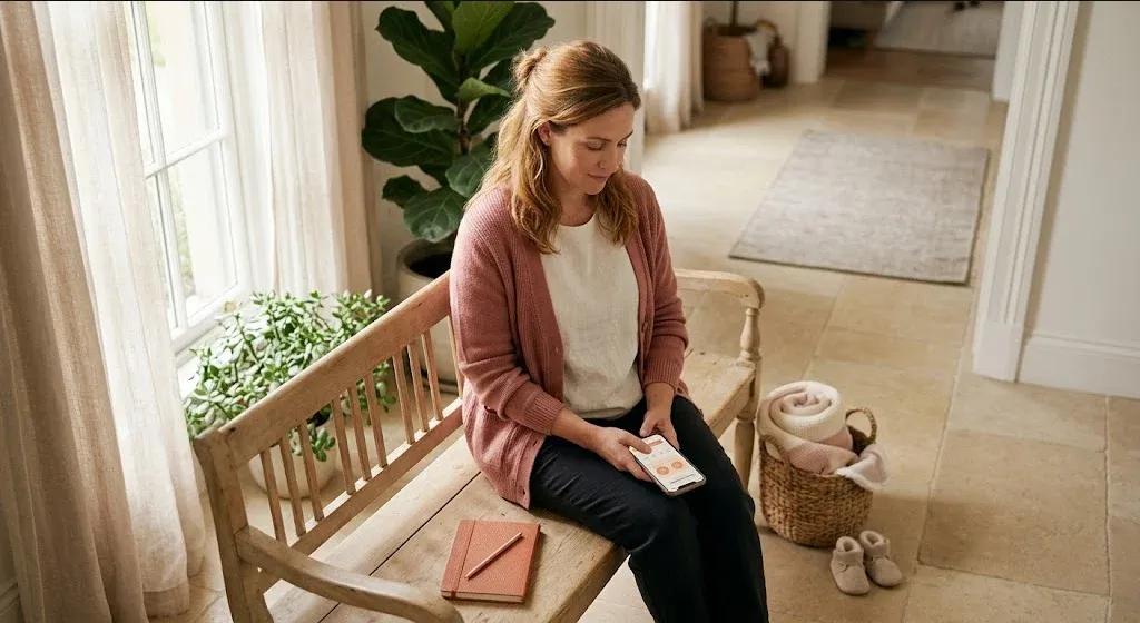 A person at a table with a warm drink, looking forward with a calm, open expression, representing the themes of "Measurement-Based Care in Perinatal Mental Health Practice".