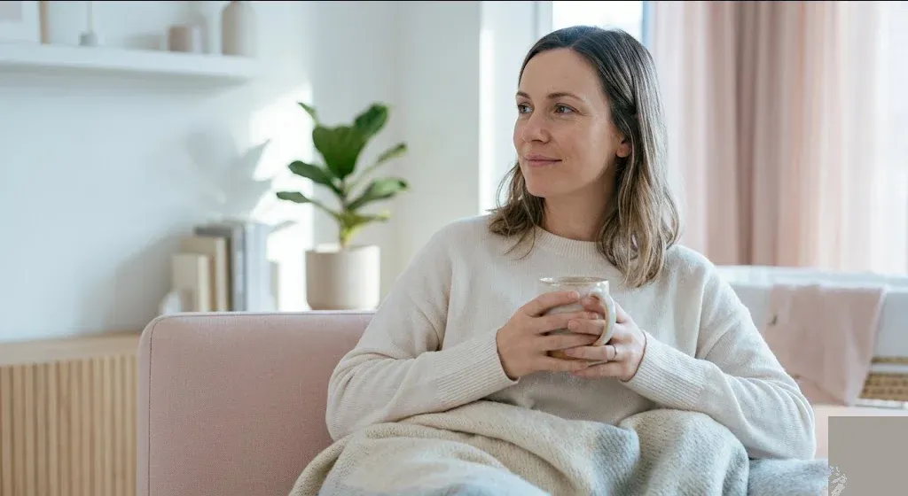 A person at a table with a warm drink, looking forward with a calm, open expression, representing the themes of "How Media and Communicators Shape Perinatal Mental Health Outcomes".