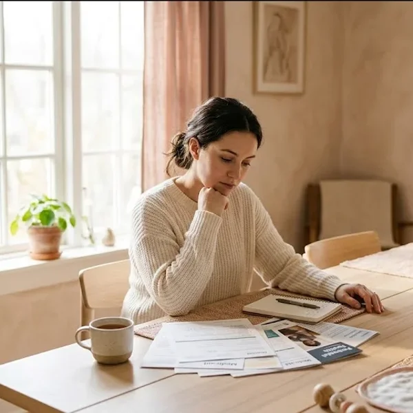 A person at a table with a warm drink, looking forward with a calm, open expression, representing the themes of "Medicaid Coverage for Perinatal Mental Health: State Variation and Gaps".