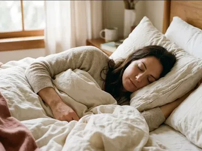 A woman resting in a bed with white linens, soft morning light through a window, expression peaceful, representing the themes of "Navigating the NICU and Beyond: A Mental Health Guide for Parents of Multiples".