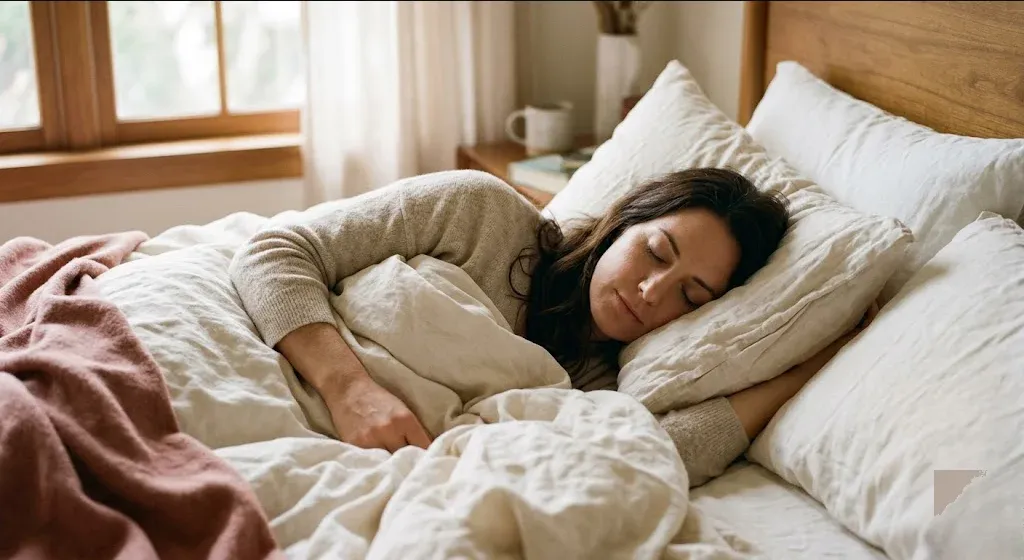 A woman resting in a bed with white linens, soft morning light through a window, expression peaceful, representing the themes of "Navigating the NICU and Beyond: A Mental Health Guide for Parents of Multiples".