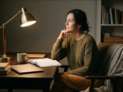 A woman sitting in an armchair near a rain-streaked window, warm cup of tea in hand, looking inward, representing the themes of "The Mental Load of Motherhood: What It Is and Why It's So Draining".