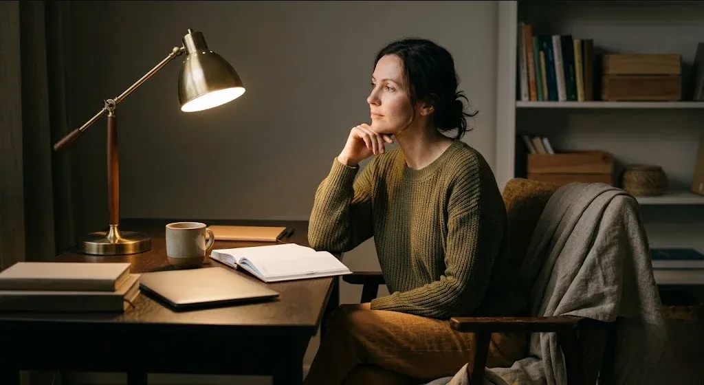 A woman sitting in an armchair near a rain-streaked window, warm cup of tea in hand, looking inward, representing the themes of "The Mental Load of Motherhood: What It Is and Why It's So Draining".