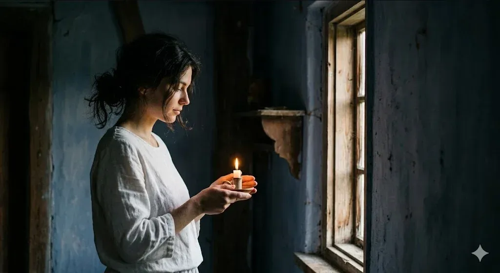 A person holding a small candle in a dark room, a single point of warm light, representing the themes of "Depression and Anxiety After Miscarriage: When Grief Becomes Clinical".