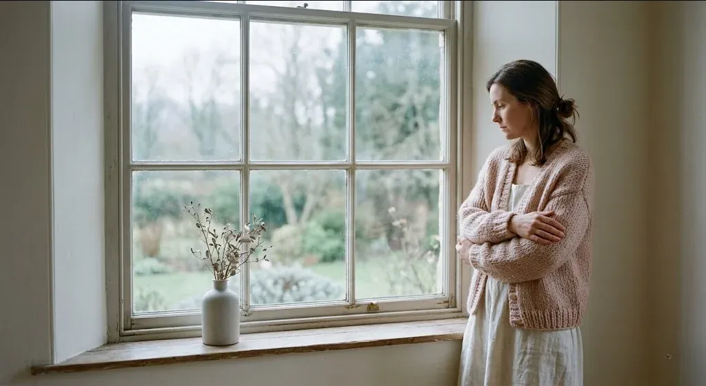 A person standing by a window looking out at an overcast sky, with their arms crossed gently.