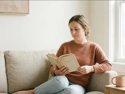 A woman sitting quietly by a large window, hands resting in lap, soft diffused light, representing the themes of "Miscarriage Quotes: 35 for the Loss You're Still Carrying".